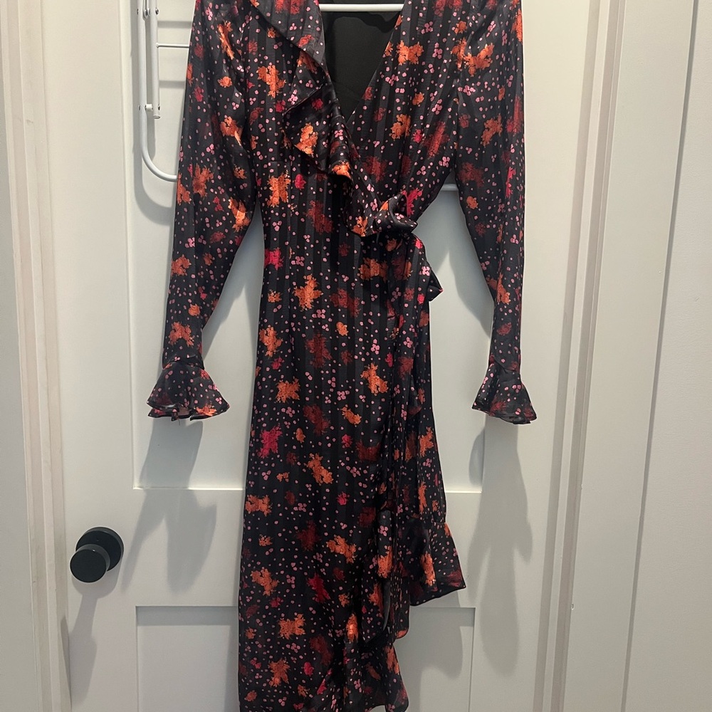 C/MEO Collective Black Wrap Dress with Orange & Pink Floral Print